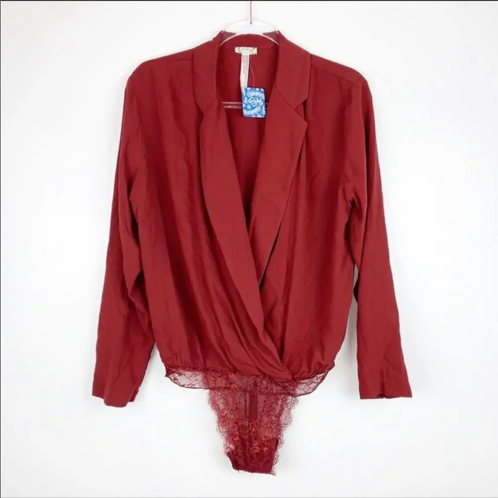 NEW NWT FREE PEOPLE Elsa Long Sleeve Deep Plunge Red Lace Blouse Bodysuit XS